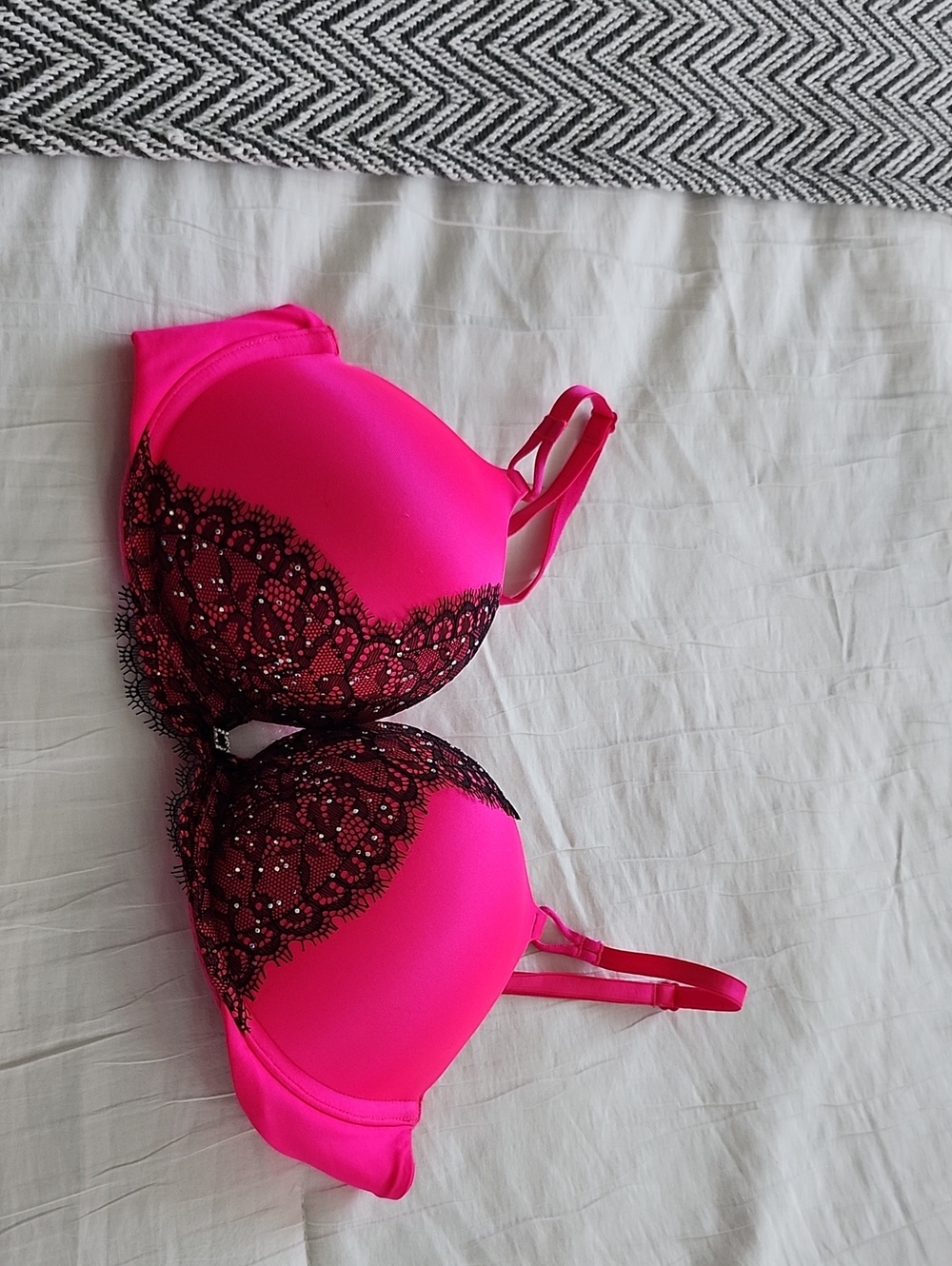 PINK Victoria's Secret Plunge Hot Pink Bra with Black Lace